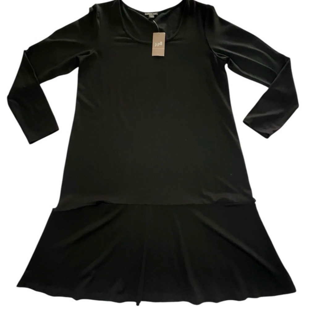 J Jill Petite Black Jersey Dress S Knee Length Long Sleeve Stretch Casual Work